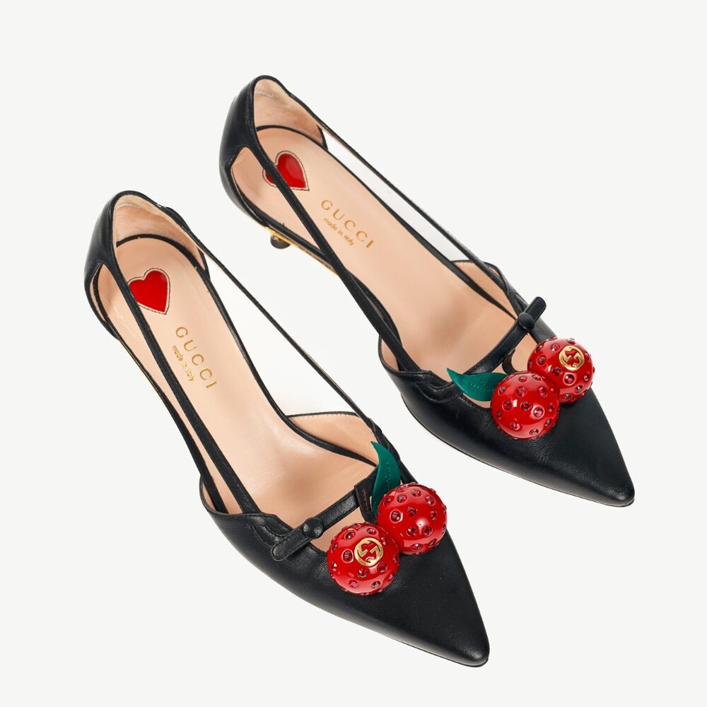 Gucci Unia Black Leather Cherry-Embellished Pointed-Toe Heels